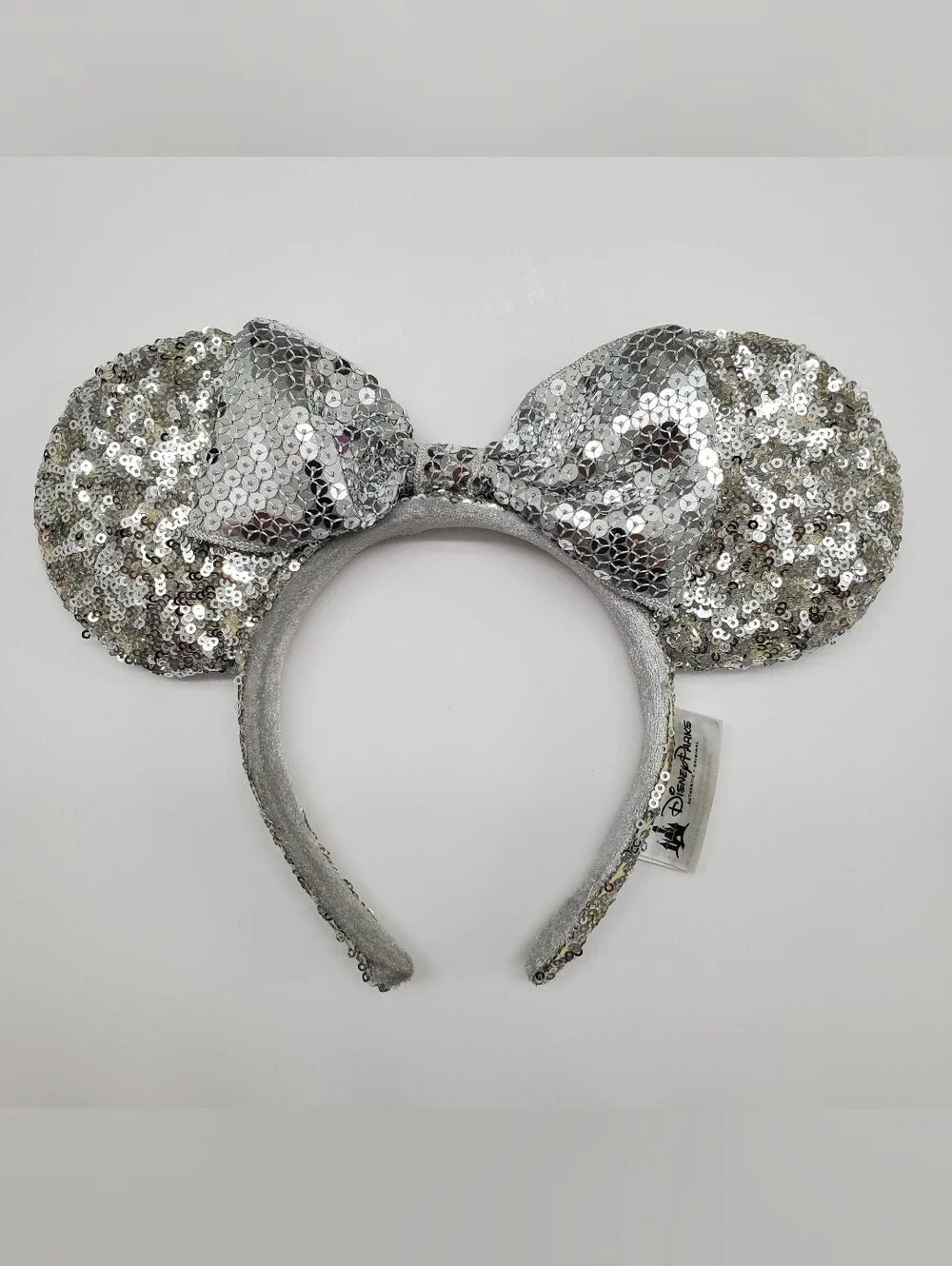 Disney Parks Silver Shiny Sequin Minnie Mouse Ear Headband with Bow